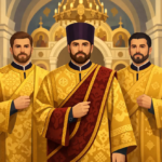Three Orthodox priests in ornate gold vestments stand inside a church, center priest wearing a dark purple hat and red stole.