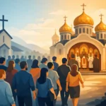 A crowd of people gathers outside an Orthodox church with gold onion domes as clergy lead a service at the entrance.