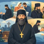 Orthodox priest in black robes with gold cross in foreground; collage shows baptism, caregiving at a hospital bed, and a graveside scene in the background.