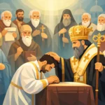 Orthodox bishop blessing a kneeling man at a table, surrounded by clergy in robes.