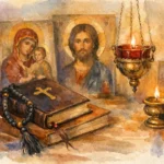 Religious still life: Bible with rosary beads, icons of Mary and Christ, and lit candles on an altar.