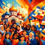 Diverse crowd smiling and waving in front of a colorful Orthodox church with onion domes during a festival, scene of celebration and unity.