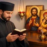Clergy in black robes reading a small book in a lit chapel with icons of Jesus and Mary in the background, and candles on the table.