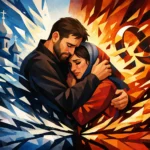 A man and a crying woman embrace, tears on her cheeks, surrounded by blue abstract shards on the left and warm orange shards on the right.