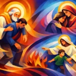 Abstract religious scene: an elderly bearded man blesses a kneeling man while halos circle others in warm colors above.