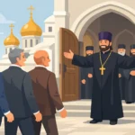 Orthodox priest in black robes with gold cross welcomes a group of suited men at a church entrance with gold-domed towers in the background.